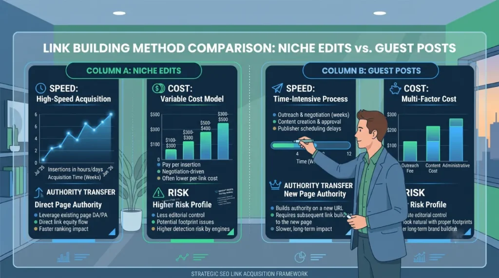 SaaS founder analyzing niche edit and guest post results Niche Edits vs Guest Post